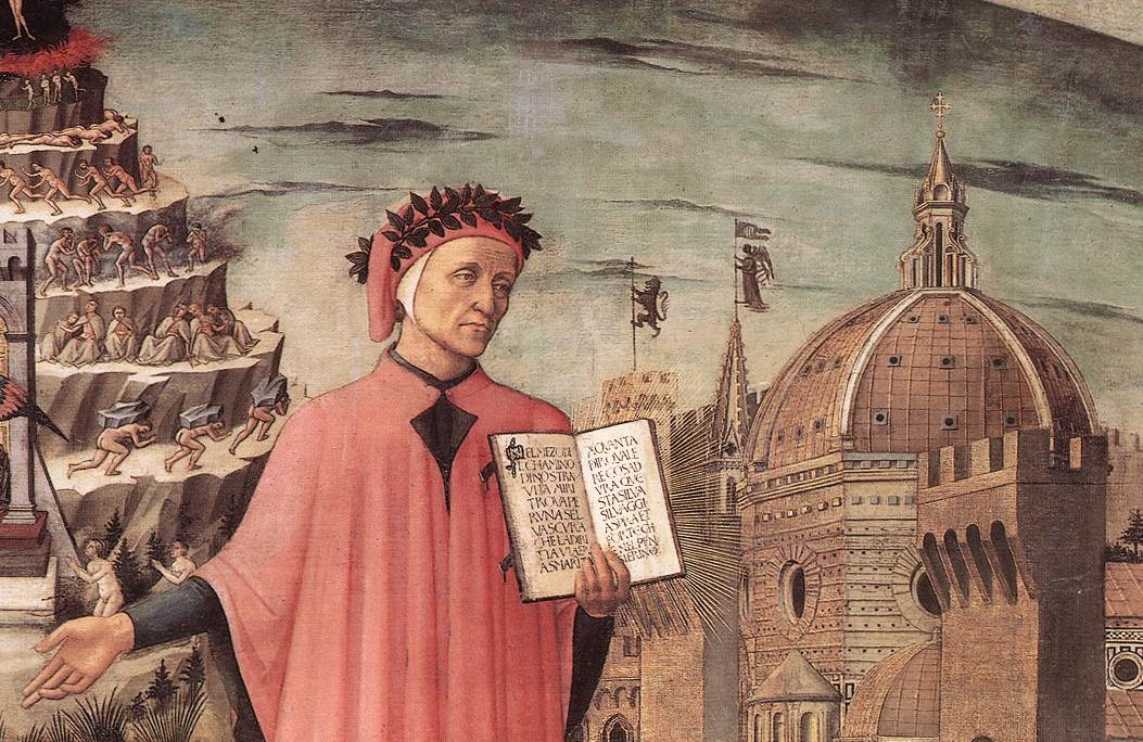 Dante, poised between the mountain of purgatory and the city of Florence, displays the incipit Nel mezzo del cammin di nostra vita in a detail of Domenico di Michelino's painting, Florence, 1465