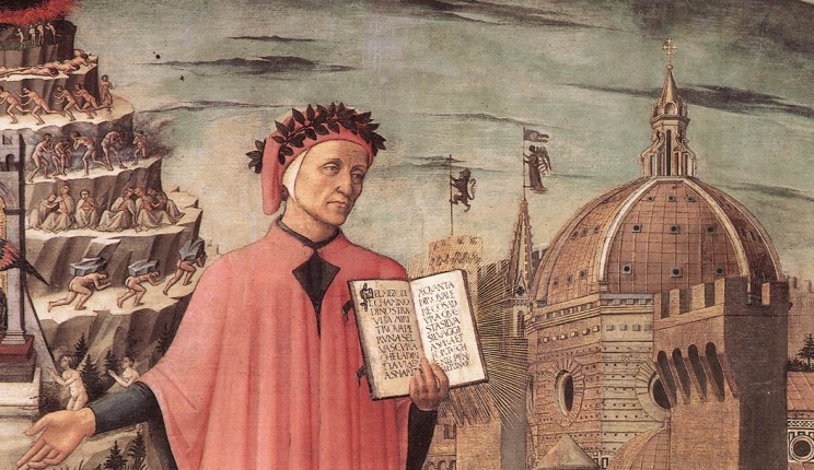 Dante, poised between the mountain of purgatory and the city of Florence, displays the incipit Nel mezzo del cammin di nostra vita in a detail of Domenico di Michelino's painting, Florence, 1465