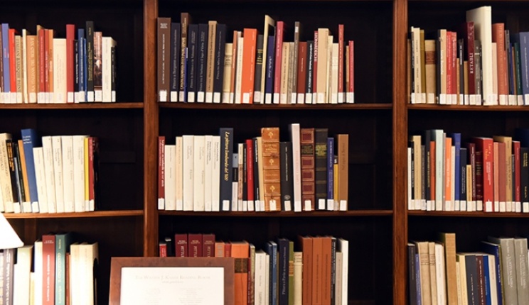 Detail of the books in the Walter Kaiser reading room at I Tatti
