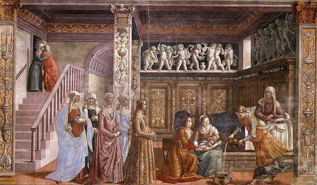 Ghirlandaio, Birth of the Virgin (1485–90), Tornabuoni Chapel, Santa Maria Novella