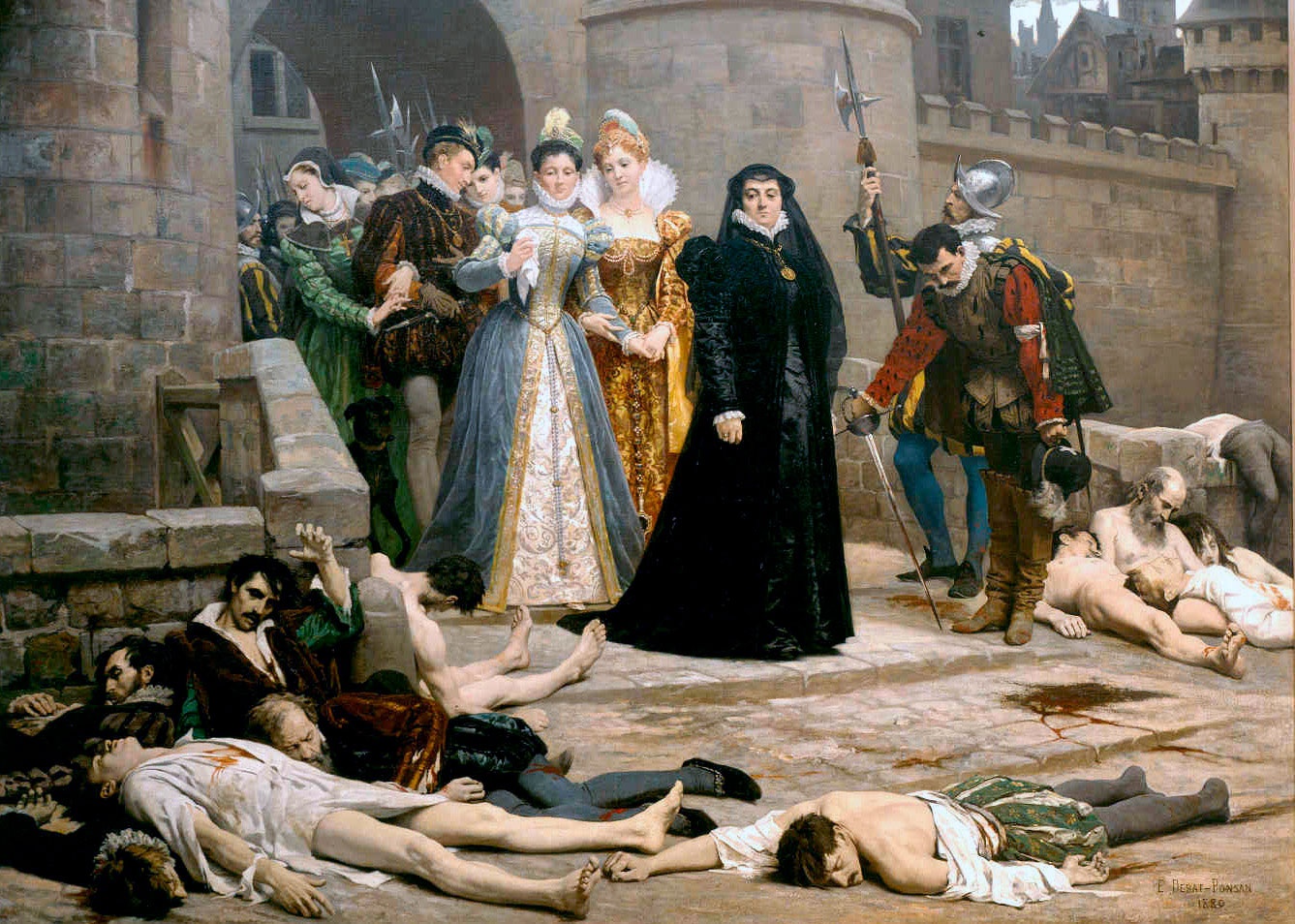 Édouard Debat-Ponsan: Un matin devant la porte du Louvre (1880). Catherine de Medici gazing at Protestants massacred in the aftermath of the massacre of St. Bartholomew.