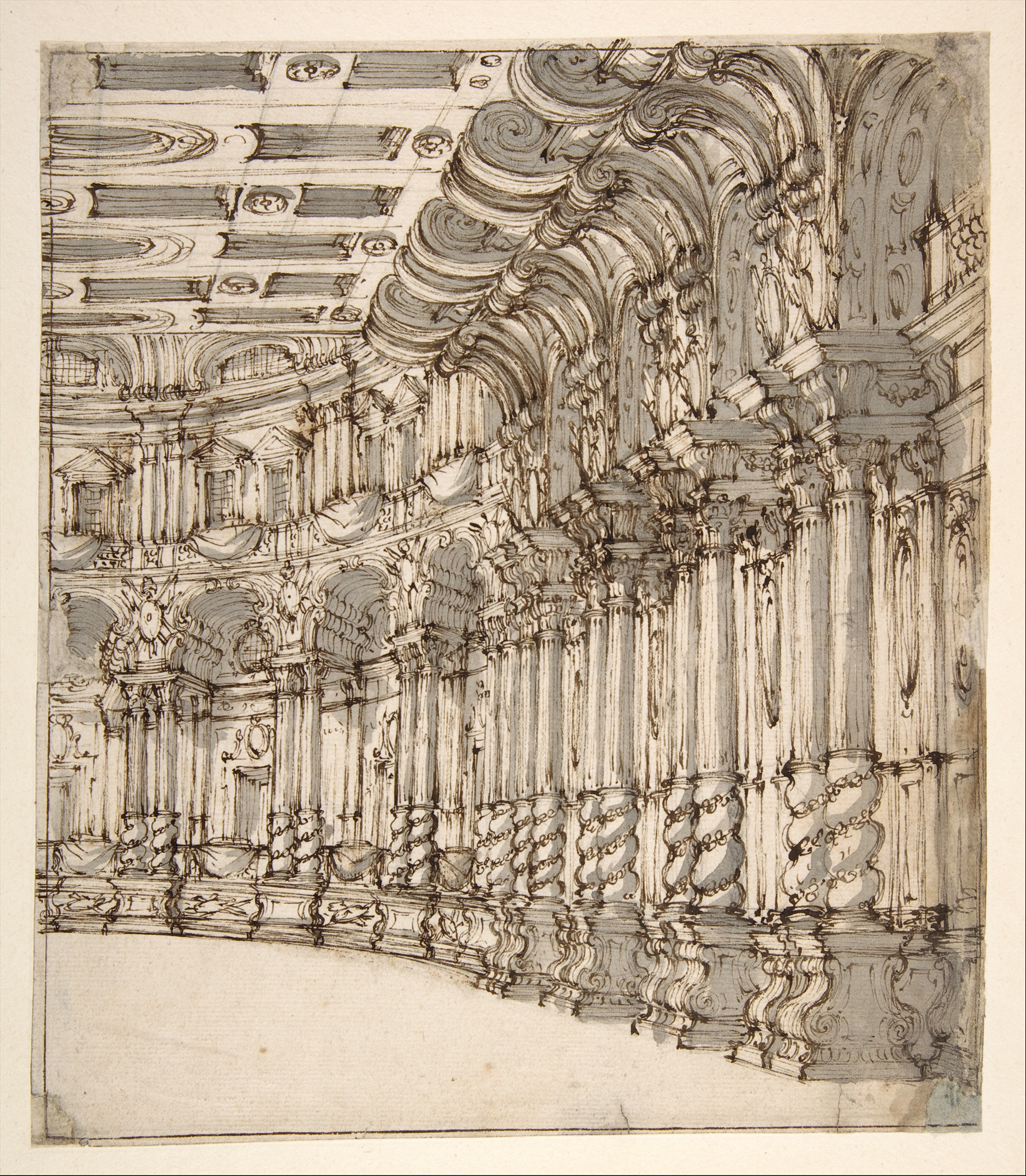 Design for a Stage Set: Interior of a Ballroom or Theater (detail), Francesco Galli Bibiena, 1676–1736. The Metropolitan Museum of Art.
