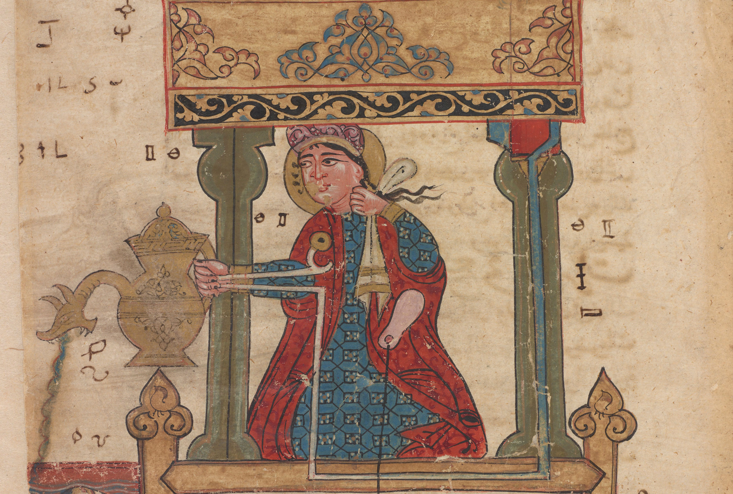 al-Jazari, The Basin of the Two Scribes, folio from The Book of Knowledge of Ingenious Mechanical Devices, c. 1315. Freer Gallery of Art, Smithsonian.