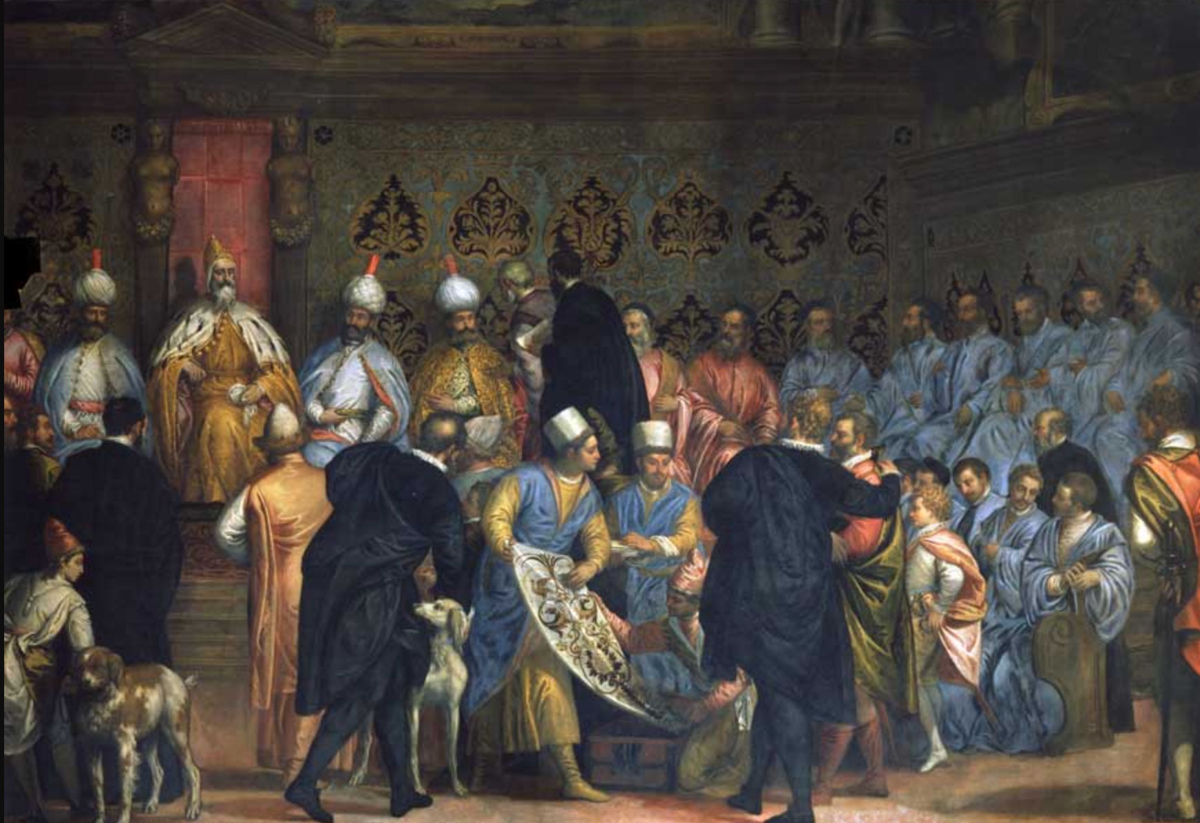 Caption: Gabriele Caliari, Il doge Marino Grimani riceve i doni dagli ambasciatori persiani, XVI secolo. Palazzo Ducale