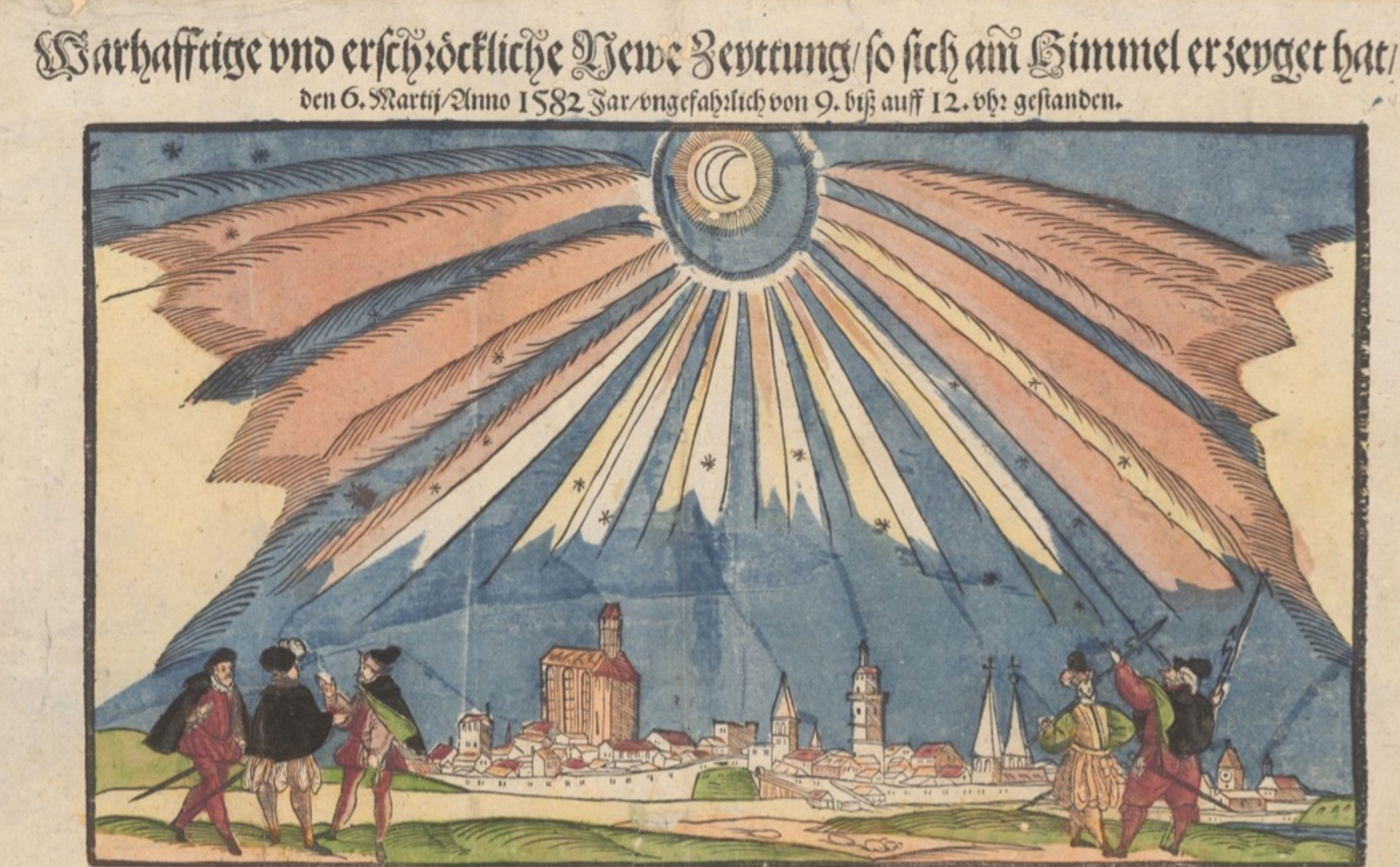 Aurora borealis seen over the city of Augsburg in 1582.