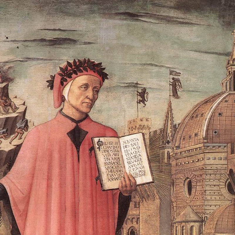 Dante, poised between the mountain of purgatory and the city of Florence, displays the incipit Nel mezzo del cammin di nostra vita in a detail of Domenico di Michelino's painting, Florence, 1465
